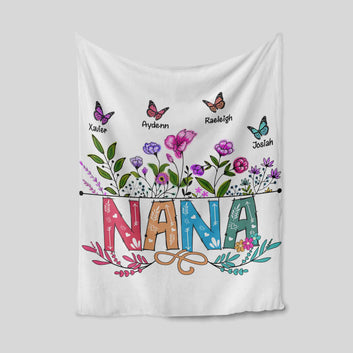 Nana Blanket, Flower Blanket, Butterfly Blanket, Family Blanket, Custom Name Blanket, Gift Blanket