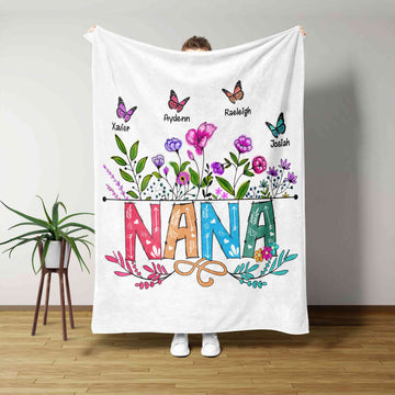 Nana Blanket, Flower Blanket, Butterfly Blanket, Family Blanket, Custom Name Blanket, Gift Blanket