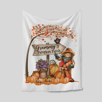 Grammy’s Pumpkin Patch Blanket, Flower Blanket, Pumpkin Blanket, Maple Leaves Blanket, Custom Name Blanket