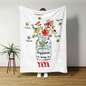 Happiness Is Being A Yaya Blanket, Bee Blanket, Vase Of Flower Blanket, Custom Name Blanket, Gift Blanket