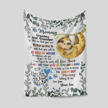 Hi Mommy Blanket, Sloth Blanket, Mom Blanket, Heart Blanket, Family Blanket, Custom Name Blanket