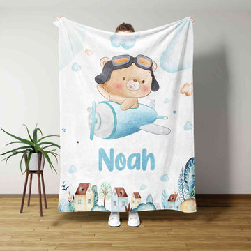 Custom Baby Blanket, Cute Teddy Flying Airplane Blanket, Bear Blanket, Family Blanket, Blanket For Baby
