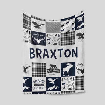 Never Stop Exploring Blanket, Woodland Animal Blanket, Bear Blanket, Deer Blanket, Custom Name Blanket, Gift Blanket
