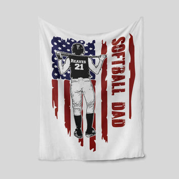 Softball Dad Blanket, Baseball Blanket, American Flag Blanket, Sport Blanket, Custom Name Blanket, Family Blanket, Blanket For Gift