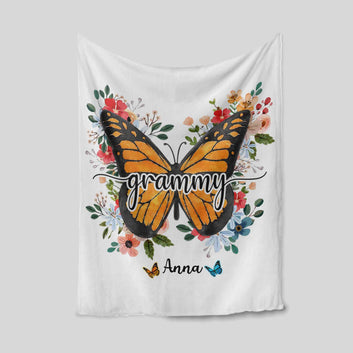 Grammy Blanket, Flower Blanket, Butterfly Blanket, Family Blanket, Custom Name Blanket, Gift Blanket