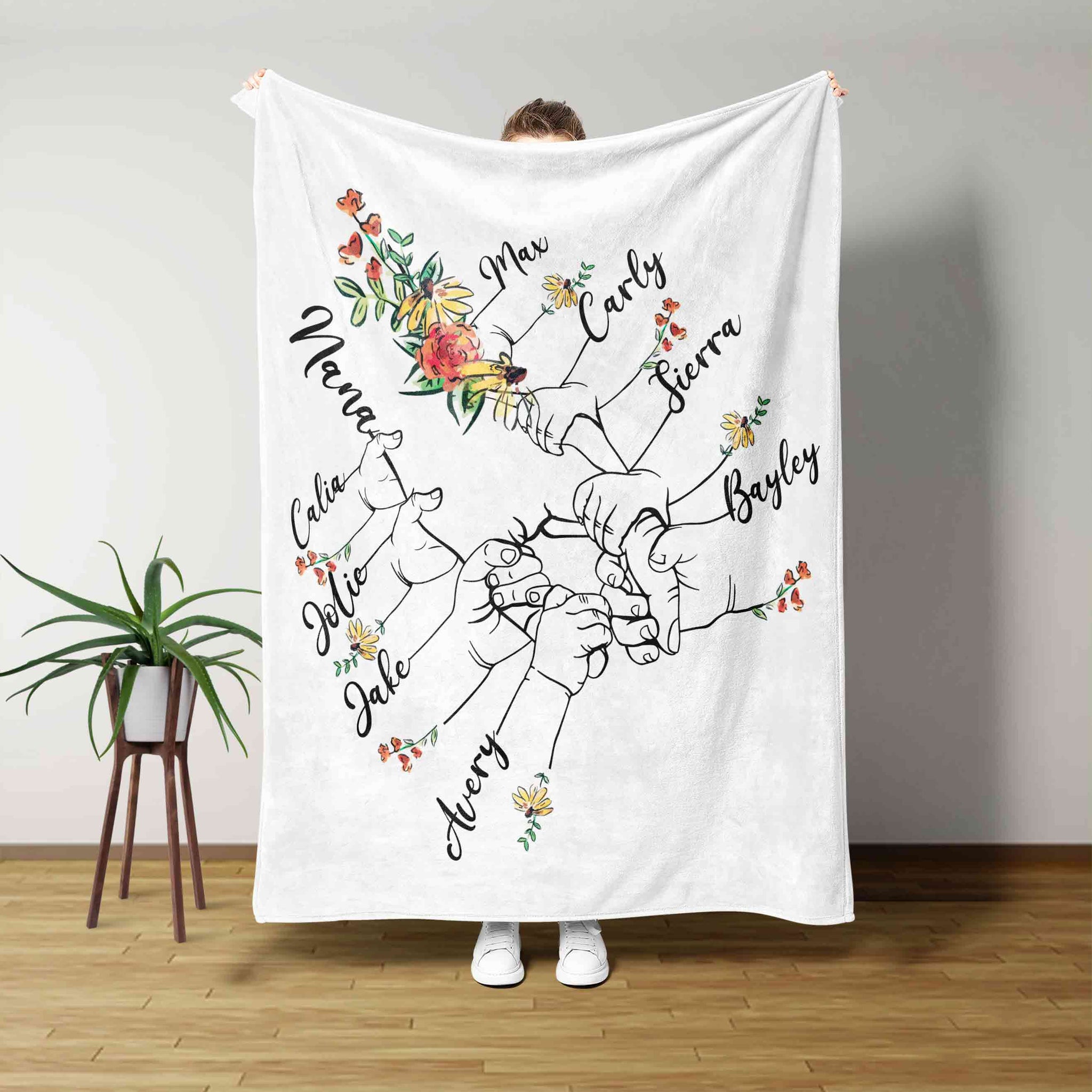 Personalized Name Blanket, Hand Blanket, Flower Blanket, Family Blanket, Gift Blanket