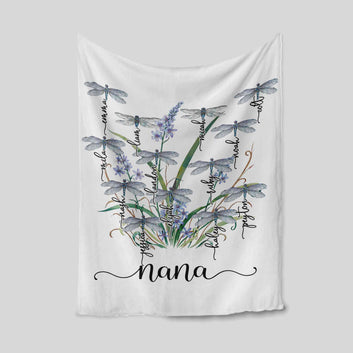 Nana Blanket, Flower Blanket, Dragonfly Blanket, Family Blanket, Custom Name Blanket, Gift Blanket