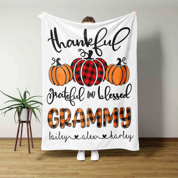 Thankful Grateful And Blessed Grammy Blanket, Pumpkin Blanket, Custom Name Blanket, Family Blanket