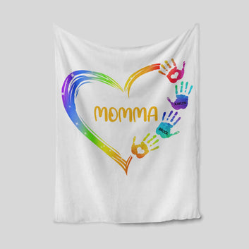 Momma Blanket, Hand Blanket, Colorful Blanket, Heart Blanket, Custom Name Blanket, Family Blanket