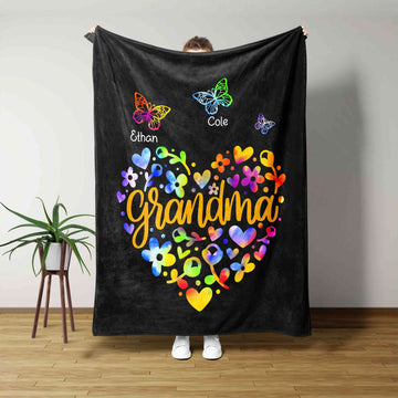 Grandma Blanket, Butterfly Blanket, Heart Blanket, Custom Name Blanket, Family Blanket, Gift Blanket