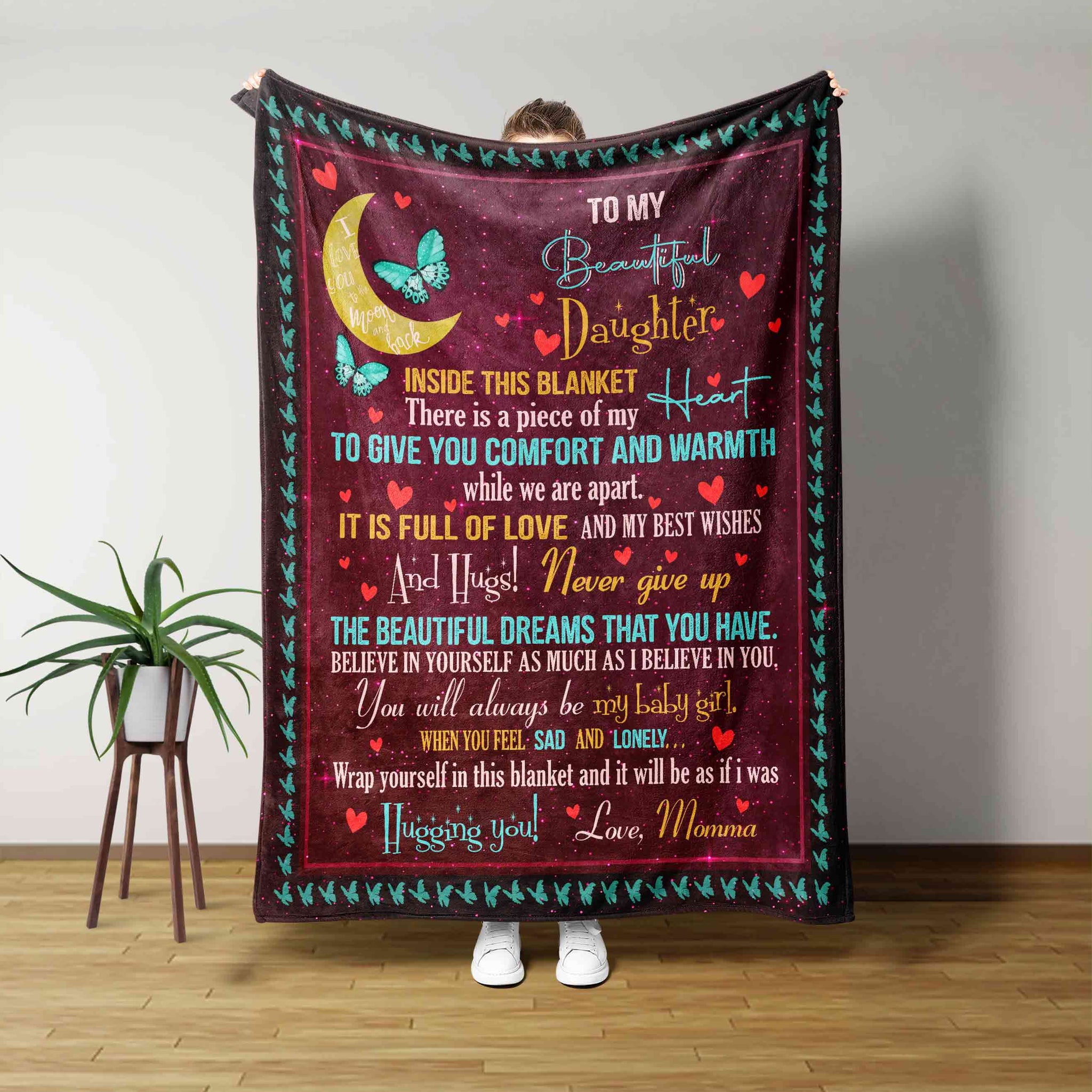 To My Beautiful Daughter Blanket, Heart Blanket, Moon Blanket, Butterfly Blanket, Custom Name Blanket, Gift Blanket