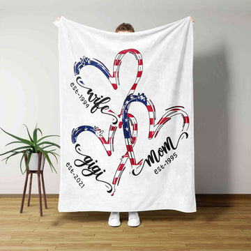 Personalized Blanket, Wife Mom Gigi Blanket, Heart America Flag Blanket, Gift Blanket, Family Blanket