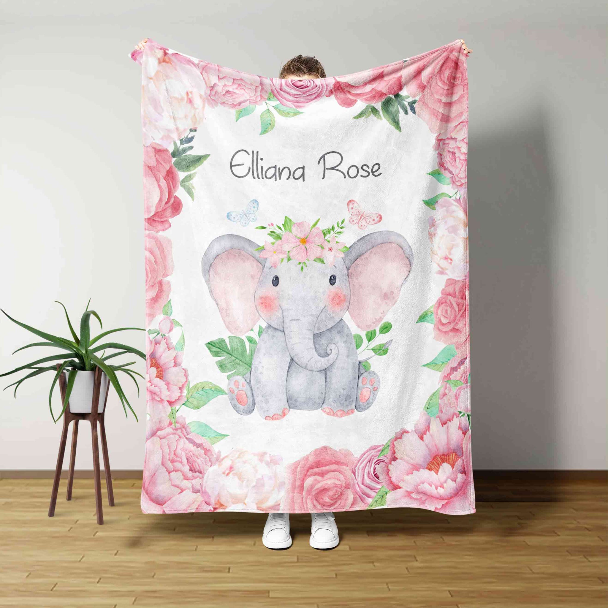 Custom Name Baby Blanket, Elephant Baby Blanket Girl, Elephant