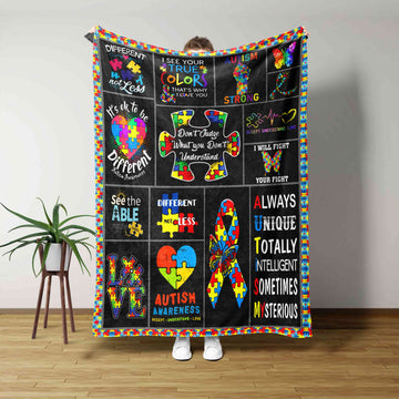 Autism Awareness Blanket, Autism Awareness Peace Love Cure Ribbon Autism Blanket, Blanket Gift Autism Warrior