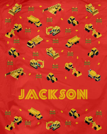 Personalized Custom Cozy Plush Fleece Blanket (Construction Vehicles Red), Ships from US - Add Your Name - Customizable Throw Keepsake Blanket Babies, Boys,...