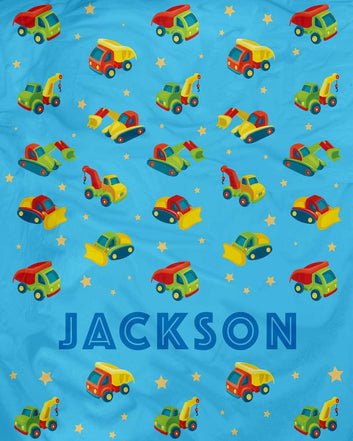 Personalized Custom Cozy Plush Fleece Blanket (Construction Vehicles Blue), Ships from US - Add Your Name - Customizable Throw Keepsake Blanket Babies, Boys...