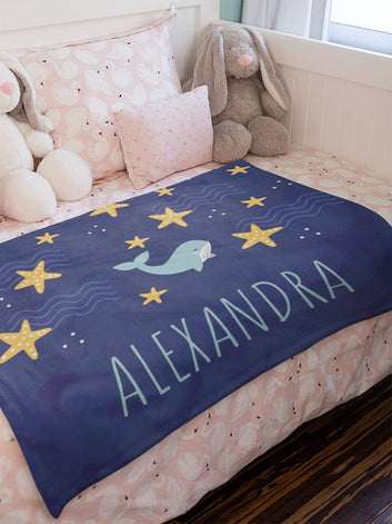 Personalized Custom Cozy Plush Fleece Blanket (Whale), Ships from US - Add Your Name - Customizable Throw Keepsake Blanket Babies, Boys, Girls, Toddlers Bedding