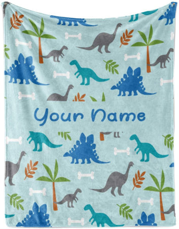 Personalized Corner Custom Dark Blue Dinosaur Fleece Throw Blanket for Kids - Boys Girls Baby Toddler Infants Blankets for Bed