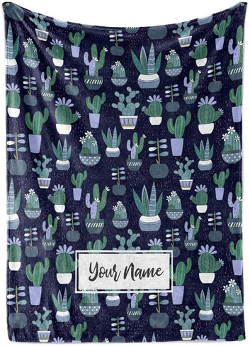 Personalized Potted Cactus and Succulent Theme Fleece Throw Blanket Plush Blankets for Women, Men, Kids, Toddlers, Babies, Bedroom Decor