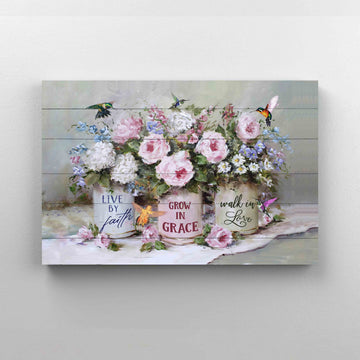 Live By Faith Canvas, Grow In Grace Canvas, Walk In Love Canvas, Hummingbird Canvas, Flower Canvas